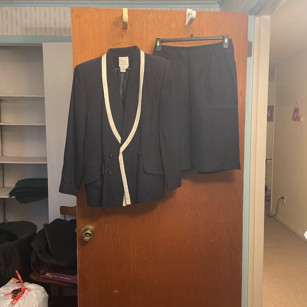Black Blazer and Skirt Set with White Trim